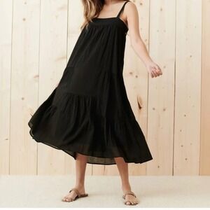 Jenni Kayne Midi Dress Womens L Black Cotton Linen Tiered Quiet Luxury Minimal